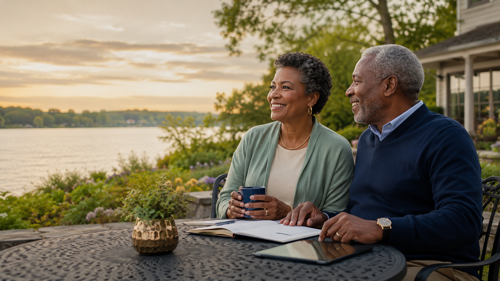 A mature couple enjoying an active retirement by a lake