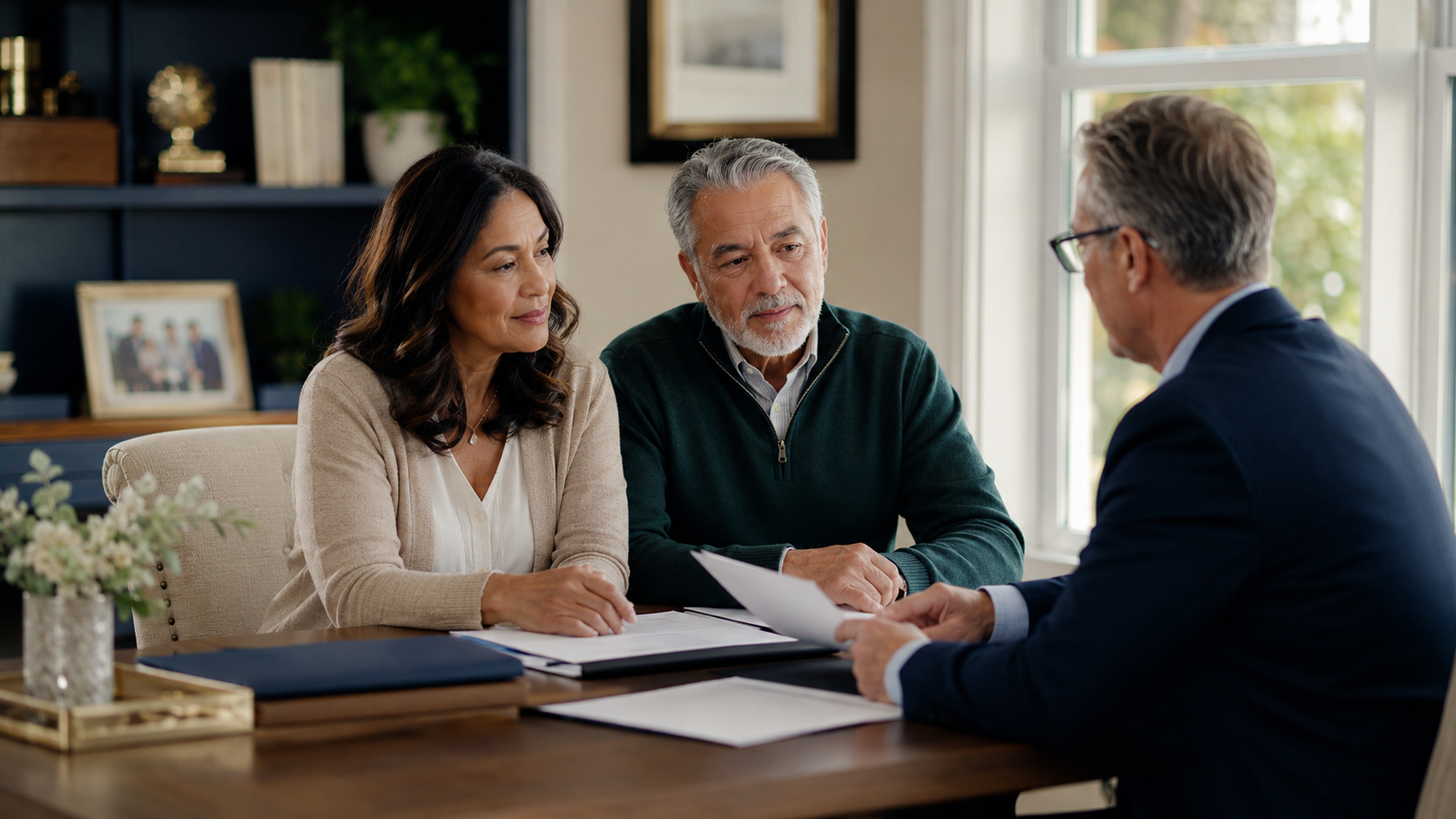 A couple reviewing estate-planning documents with a professional